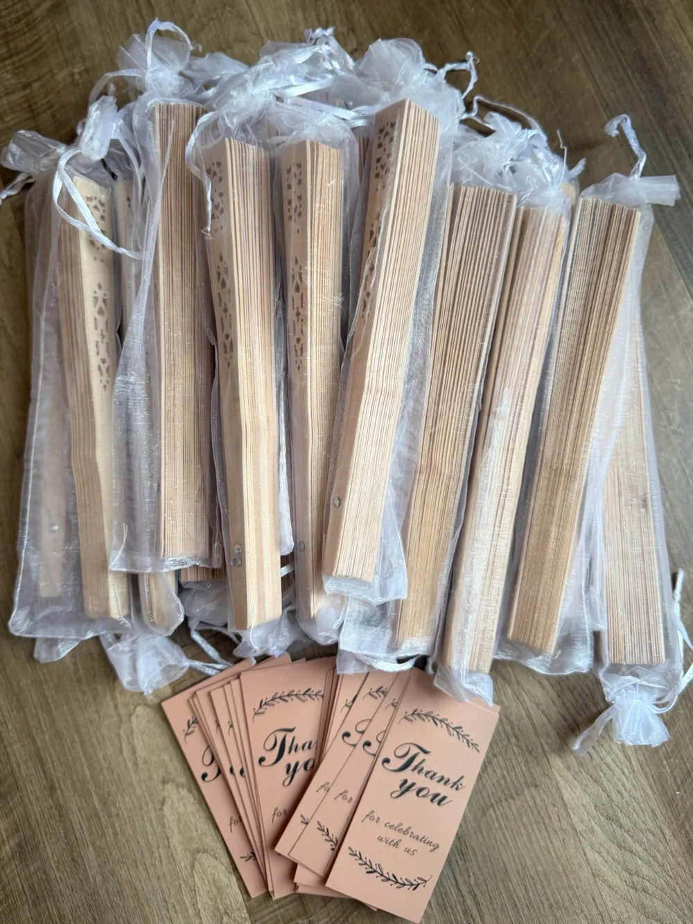 Brand New! 24 Wooden Fans with white bags and thank you tags